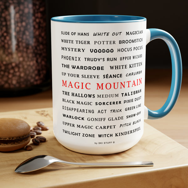 Magic Mountain Ski Resort Trail Names - Two-Tone Coffee Mug, 15oz