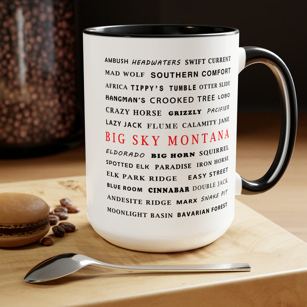 Big Sky Montana Ski Resort Trail Names - Two-Tone Coffee Mug, 15oz