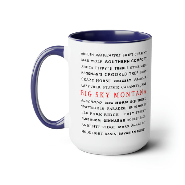 Big Sky Montana Ski Resort Trail Names - Two-Tone Coffee Mug, 15oz