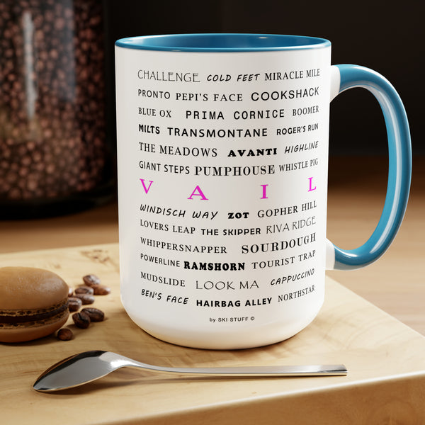 Vail Ski Resort Trail Names - Two-Tone Coffee Mug, 15oz