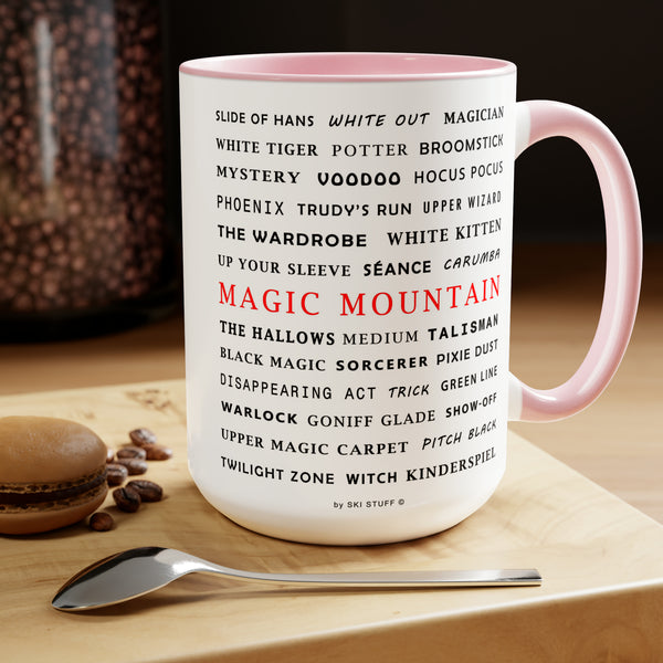 Magic Mountain Ski Resort Trail Names - Two-Tone Coffee Mug, 15oz