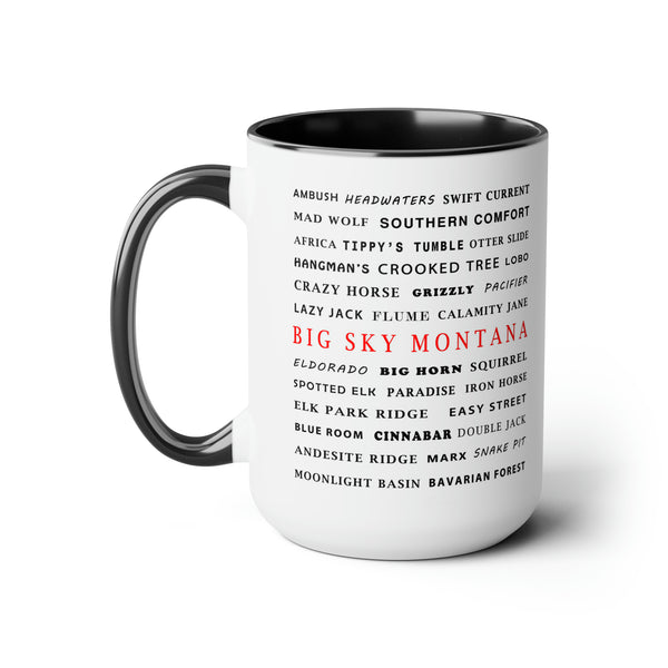 Big Sky Montana Ski Resort Trail Names - Two-Tone Coffee Mug, 15oz