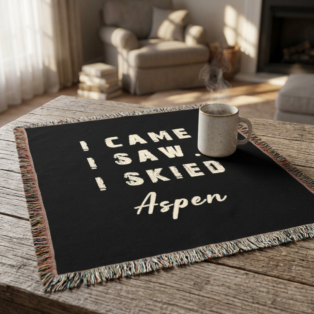 A black woven throw blanket with multicolor fringe and cream text reading 'I CAME I SAW I SKIED Aspen' is draped over a rustic wooden table in a cozy living room setting, with a white speckled mug resting on it.