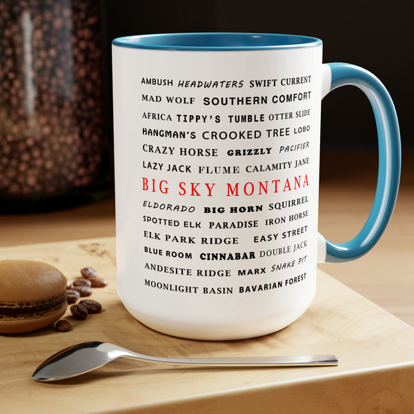 Big Sky Montana Ski Resort Trail Names - Two-Tone Coffee Mug, 15oz