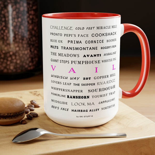 Vail Ski Resort Trail Names - Two-Tone Coffee Mug, 15oz