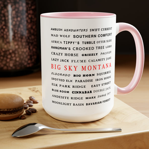 Big Sky Montana Ski Resort Trail Names - Two-Tone Coffee Mug, 15oz