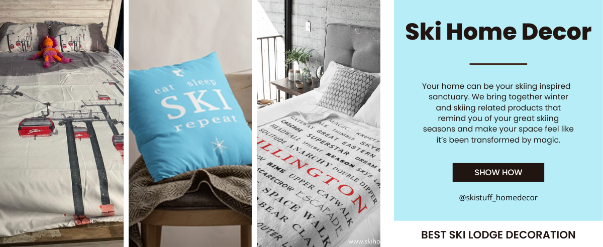 your home can be a skiing inspired sanctuary. Get reminded by skiing and winter inspired products of a great skiing season, Killington ski trail blanket, Eat sleep ski skiing pillow, skiing shower curtains and bath mats