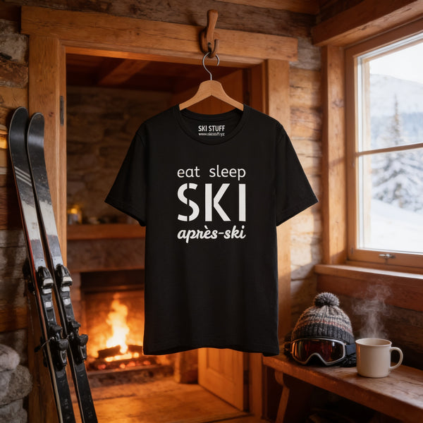 A black t-shirt with white text hanging on a wooden hanger in a cozy cabin with a fireplace, skis, and a mug of coffee on a wooden table.