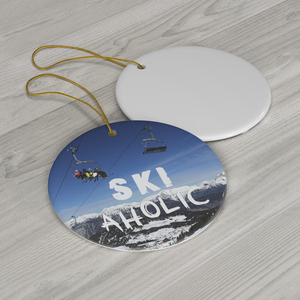 Ski Aholic - Round Ceramic Ornament