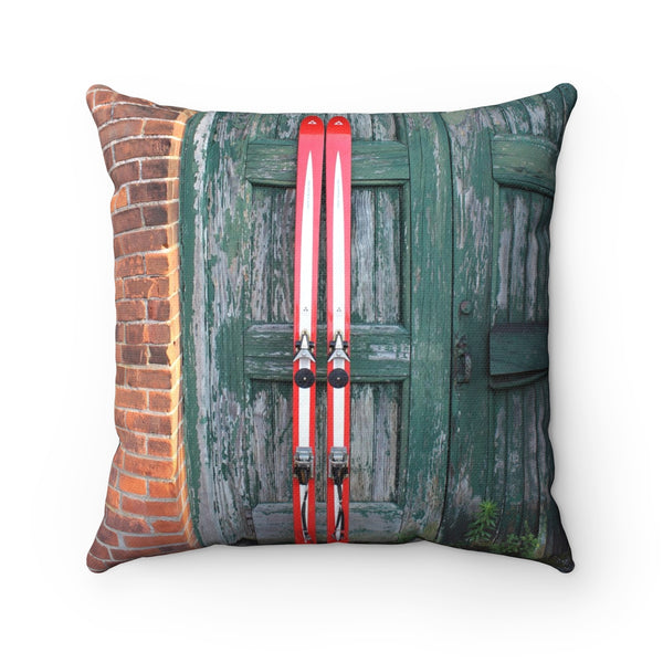 Red Skis Green Door - Throw Pillow