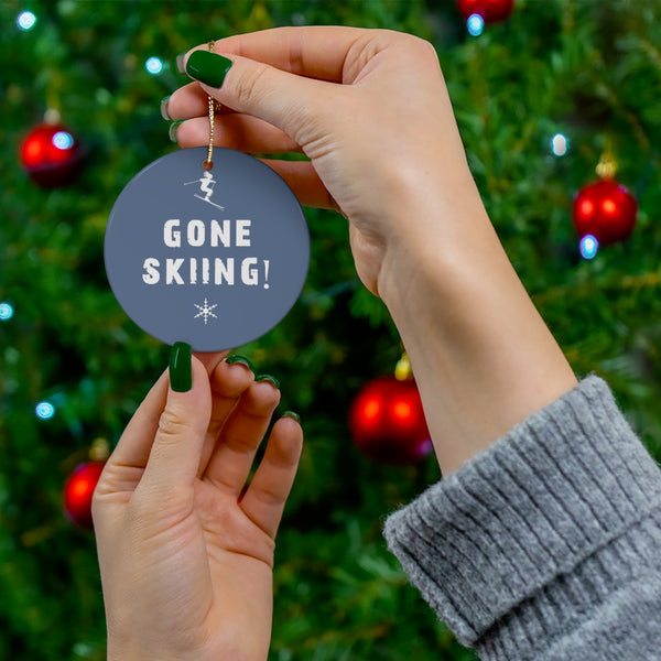 skiing inspired christmas ornament on christmas tree