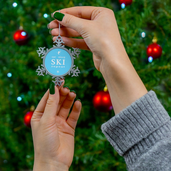 Eat Sleep Ski Repeat Light Blue - Pewter Snowflake Skiing Ornament