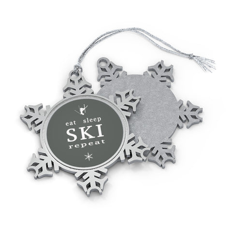 Eat Sleep Ski Repeat - Pewter Snowflake Skiing Ornament