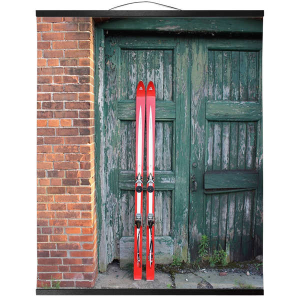 Hanging Canvas Print - Red Skis Green Door