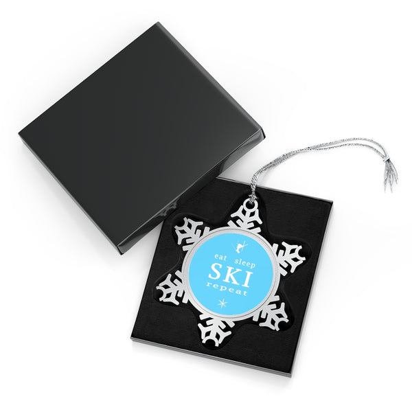 Eat Sleep Ski Repeat Light Blue - Pewter Snowflake Skiing Ornament