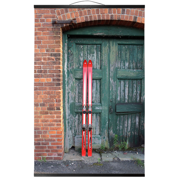 Hanging Canvas Print - Red Skis Green Door