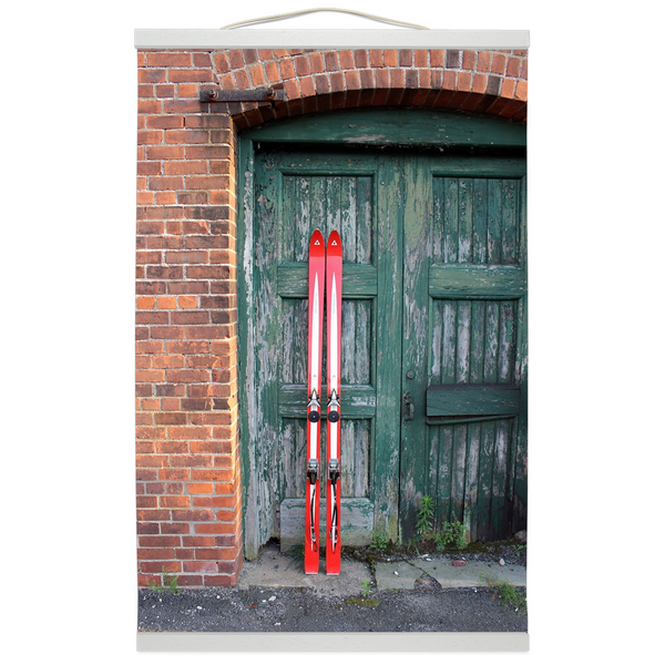 Hanging Canvas Print - Red Skis Green Door