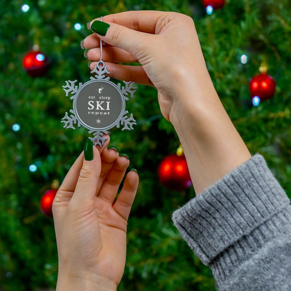 Eat Sleep Ski Repeat - Pewter Snowflake Skiing Ornament