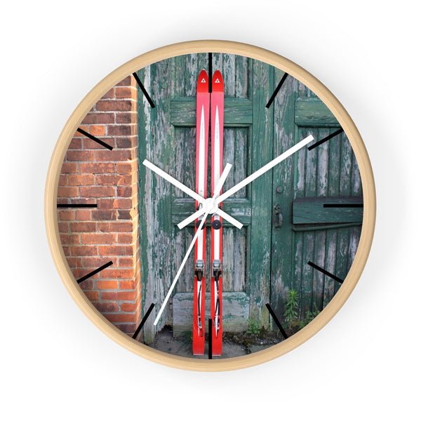 Wall Clock - Red Skis and Green Door