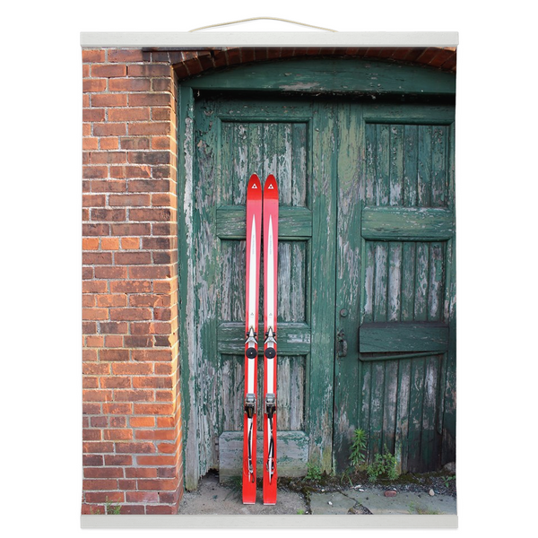 Hanging Canvas Print - Red Skis Green Door