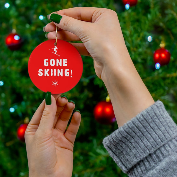 skiing inspired christmas ornament on christmas tree