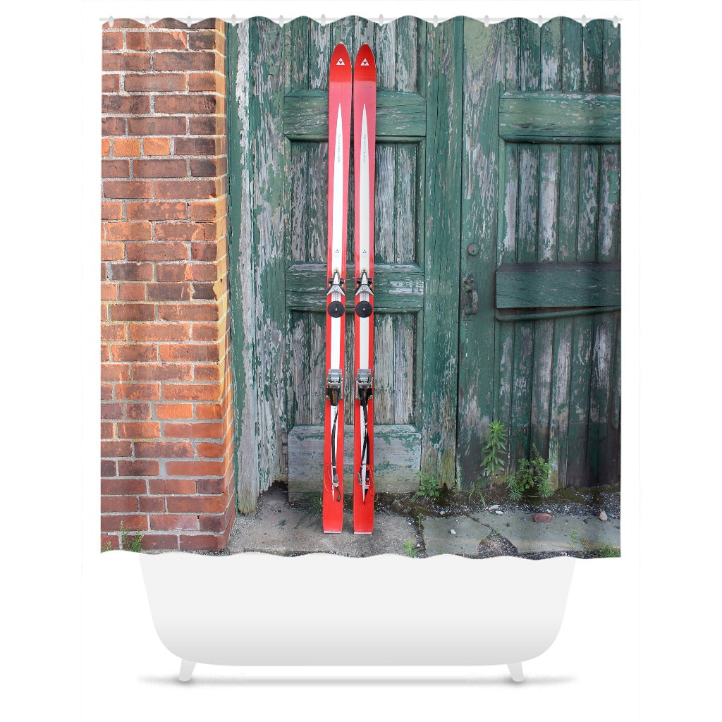 Red Skis and Green Door - Shower Curtain
