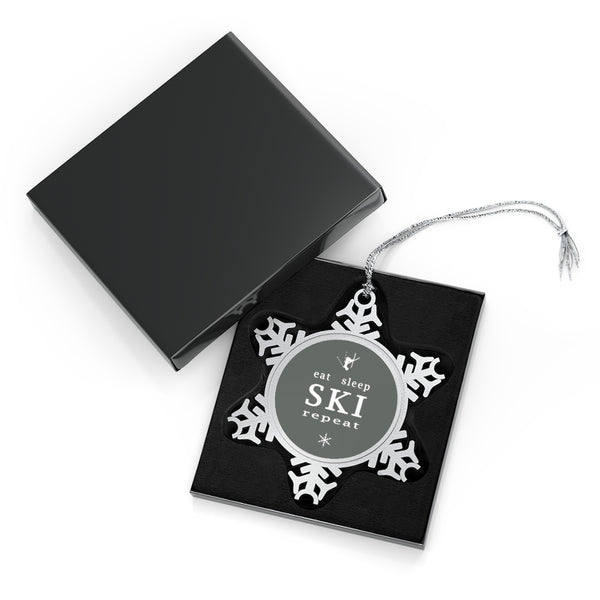 Eat Sleep Ski Repeat - Pewter Snowflake Skiing Ornament