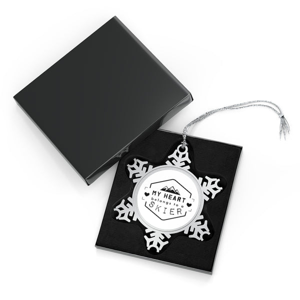 My heart belongs to a skier - Pewter Snowflake Skiing Ornament