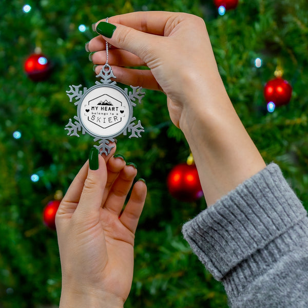 My heart belongs to a skier - Pewter Snowflake Skiing Ornament