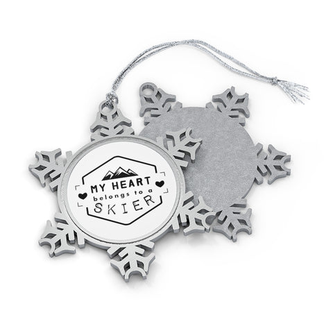 My heart belongs to a skier - Pewter Snowflake Skiing Ornament