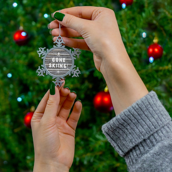 Gone Skiing - Pewter Snowflake Skiing Ornament