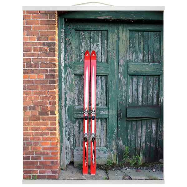 Hanging Canvas Print - Red Skis Green Door