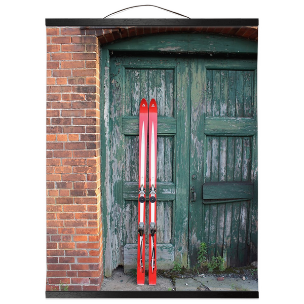 Hanging Canvas Print - Red Skis Green Door