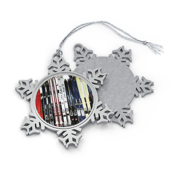 Vintage Skis - Pewter Snowflake Skiing Ornament