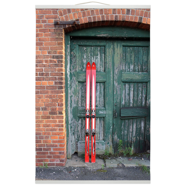 Hanging Canvas Print - Red Skis Green Door