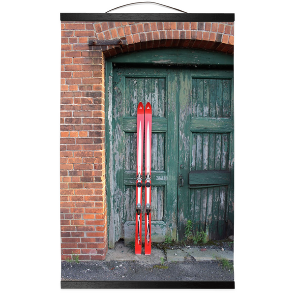 Hanging Canvas Print - Red Skis Green Door