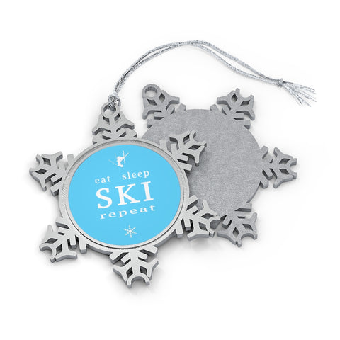 Eat Sleep Ski Repeat Light Blue - Pewter Snowflake Skiing Ornament