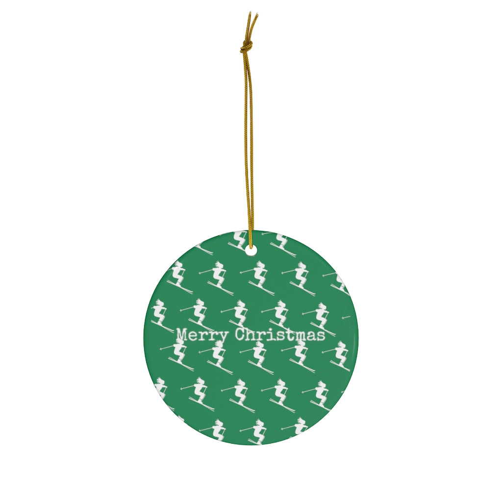 Merry Christmas Skiers - Round Ceramic Ornament