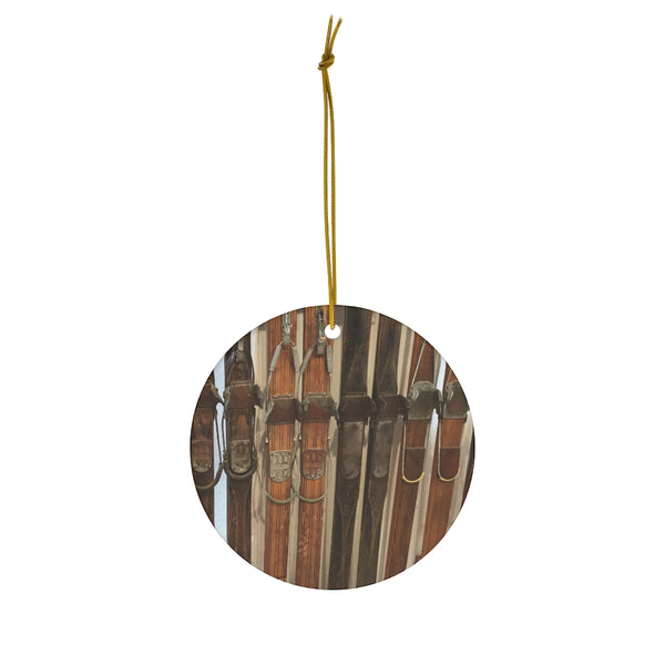Vintage Wooden Skis Ceramic Christmas Ornament