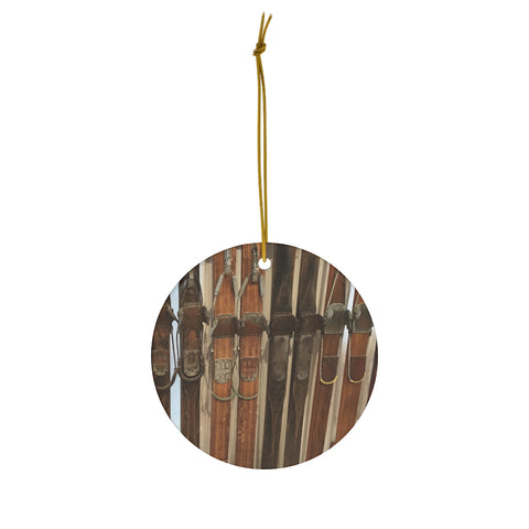 Vintage Wooden Skis Ceramic Christmas Ornament
