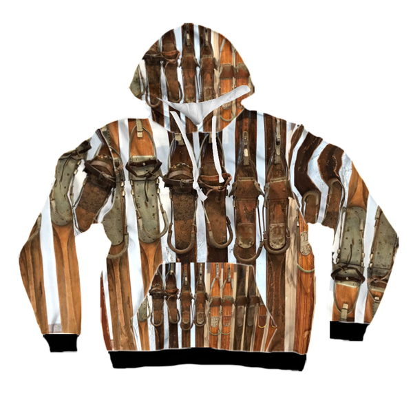 All-Over Print Pullover Hoodie - Vintage Wooden Skis