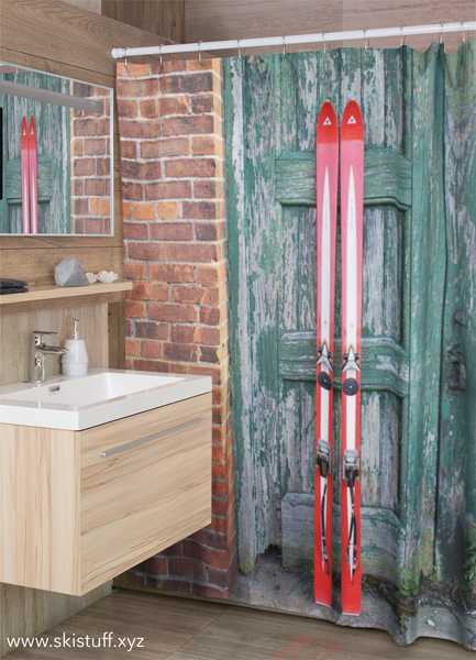 Red Skis and Green Door - Shower Curtain